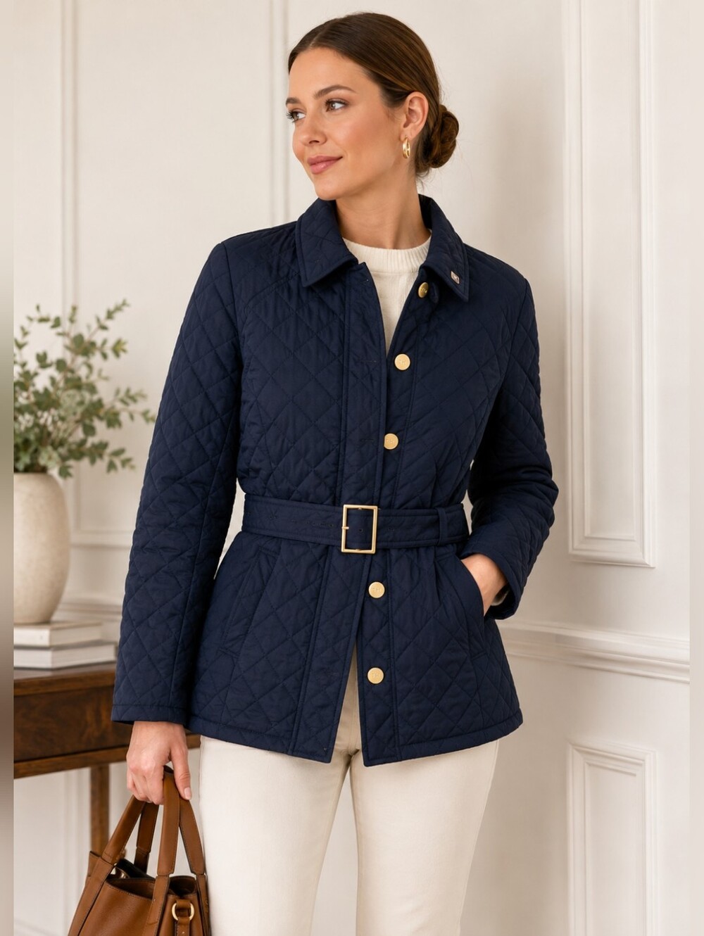 Tommy Hilfiger Quilted Barn Jacket Belted Navy Coat Women’s Small
